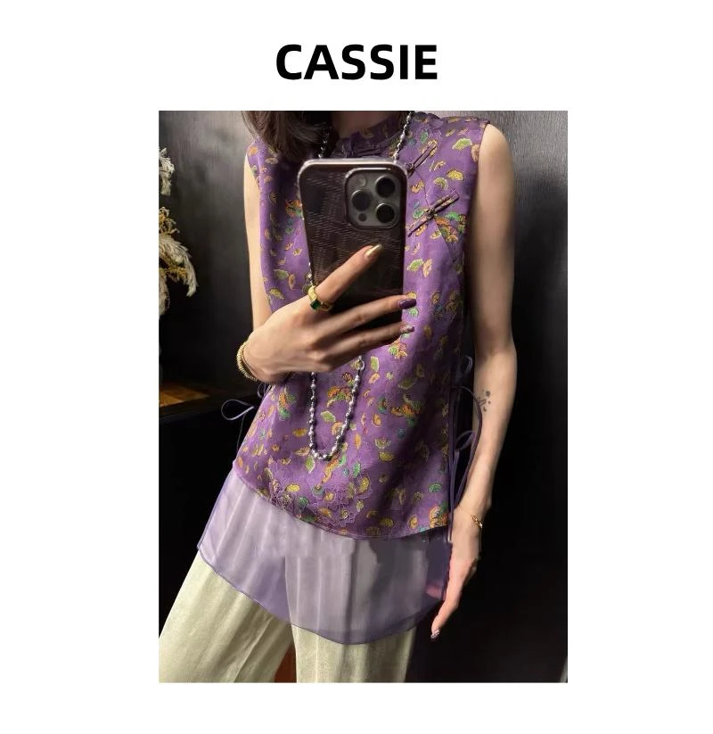 CASSIE欧货紫藤银杏国风无袖小衫夏季新款