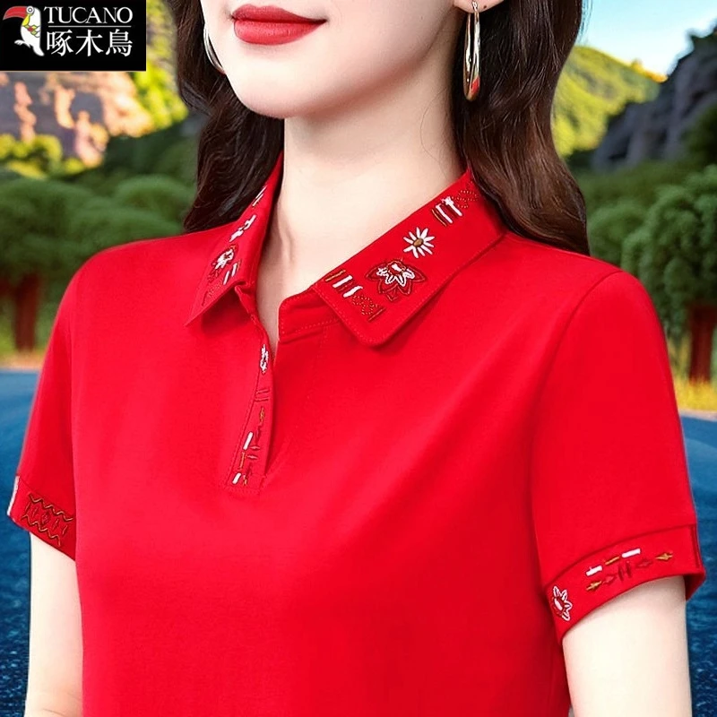 啄木鸟夏季薄款POLO领短袖刺绣T恤女2025年新款潮流遮肚显瘦上衣