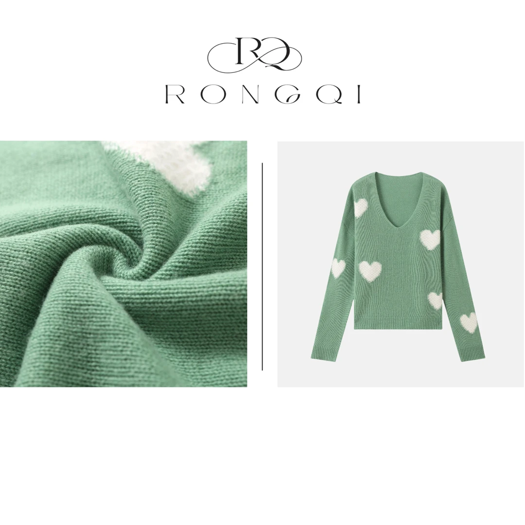 “糖”慵懒风爱心V领羊毛混纺山羊绒软糯亲肤针织衫X5098