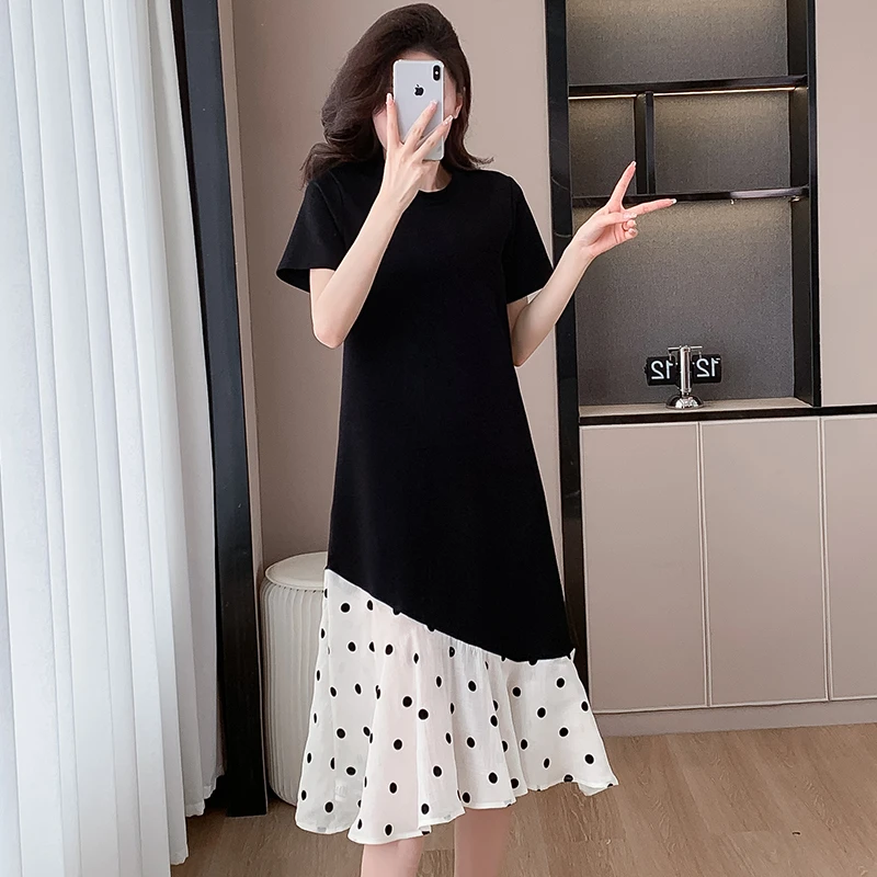 不规则撞色波点拼接短袖连衣裙2025夏季设计感宽松大码显瘦中长裙