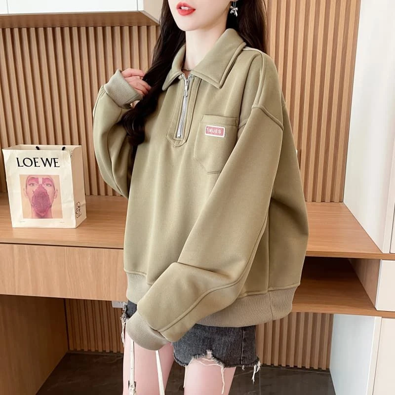 大码女装秋冬短款加绒Polo领卫衣女休闲宽松超好看上衣外套ins潮