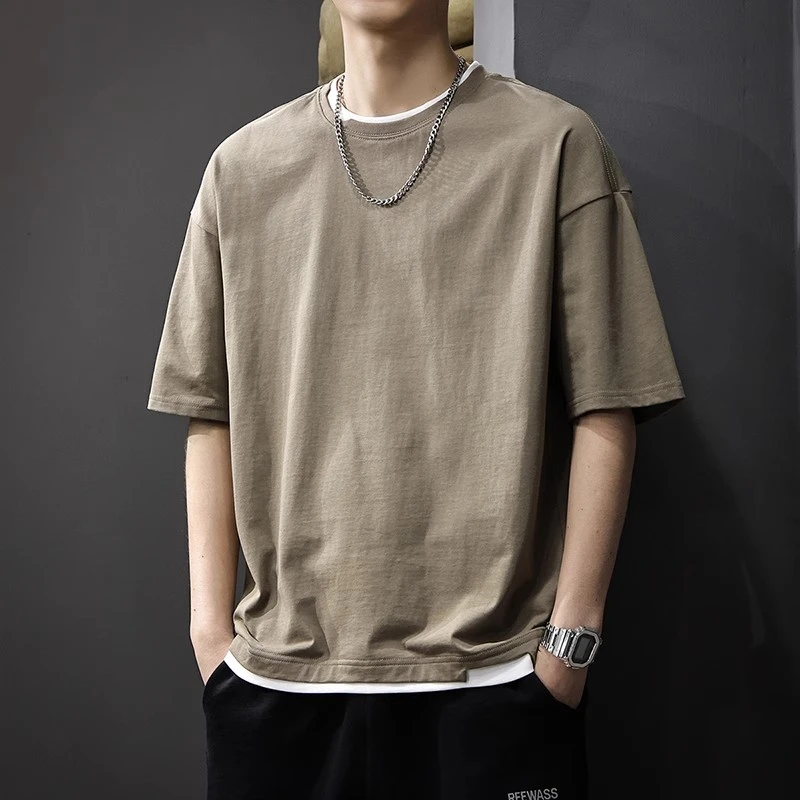 假两件重磅纯棉男士短袖t恤夏季宽松半袖美式潮流休闲纯色五分袖