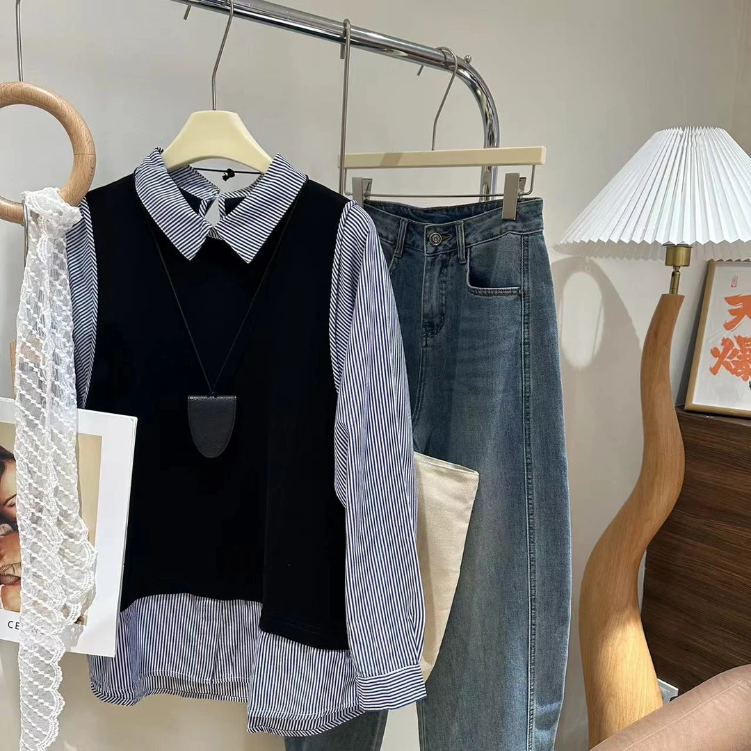2025春夏新款经典条纹假两件套条纹小翻领衬衫 衣长65 胸围125