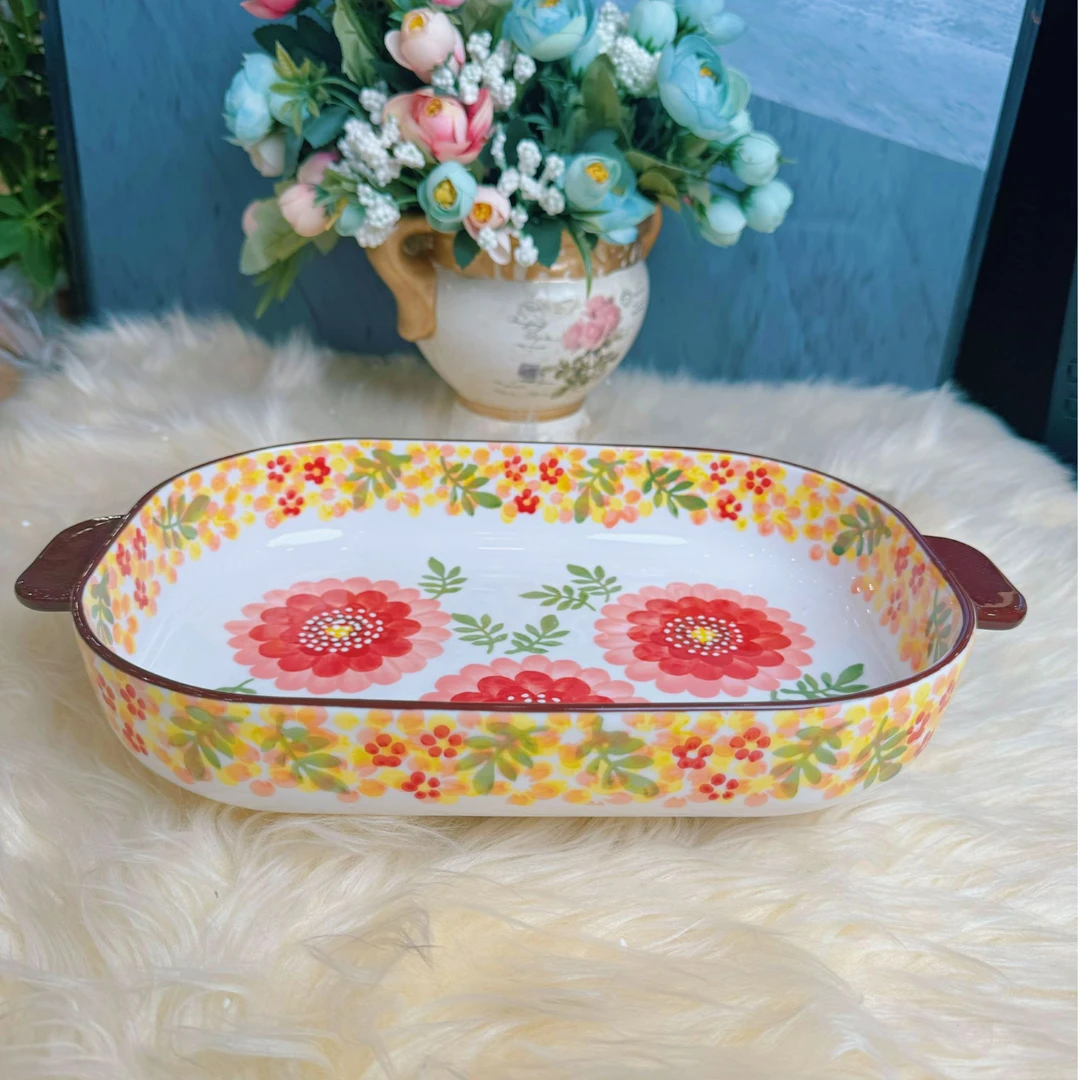 阿勒玛 新疆包邮【莫奈花园】 双耳陶瓷盘家用鱼盘水果盘烘焙盘欧式