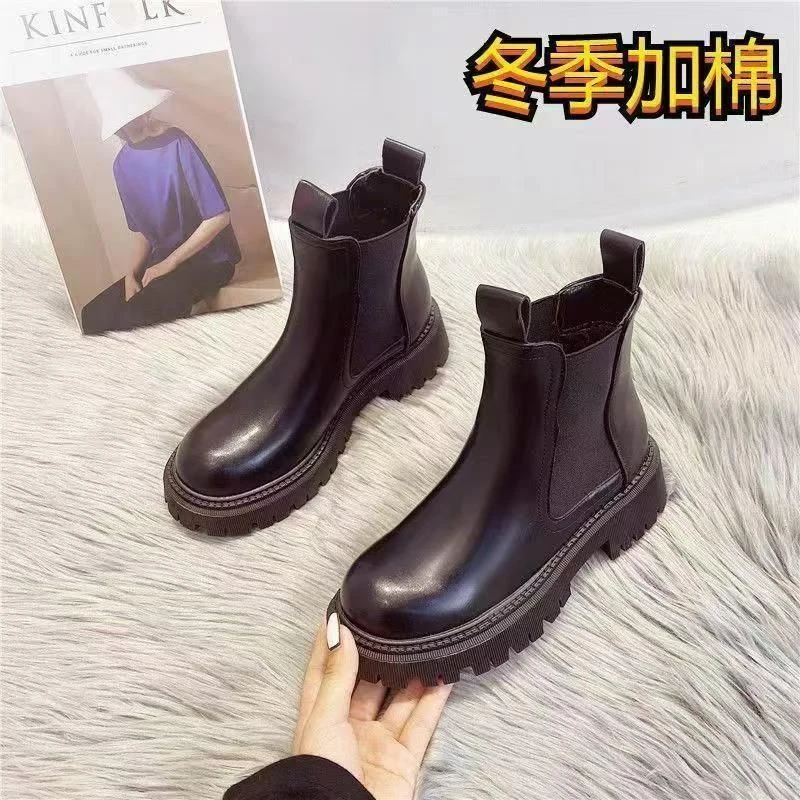 木林森【万达撤柜】马丁靴女春秋单靴2025年新款厚底切尔西靴中筒烟