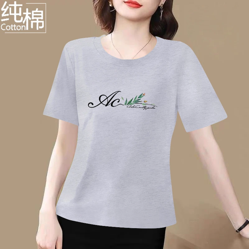 夏季新款纯棉短袖T恤女2025新款时尚洋气宽松圆领显瘦休闲女上衣