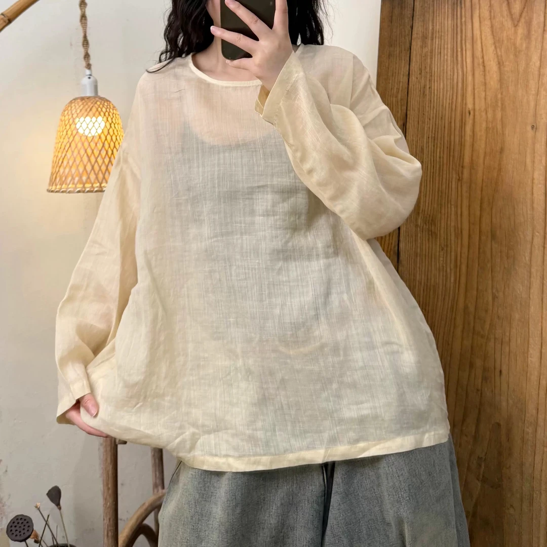 2025新款轻薄苎麻夏季小衫文艺透气圆领套头宽松纯色百搭气质