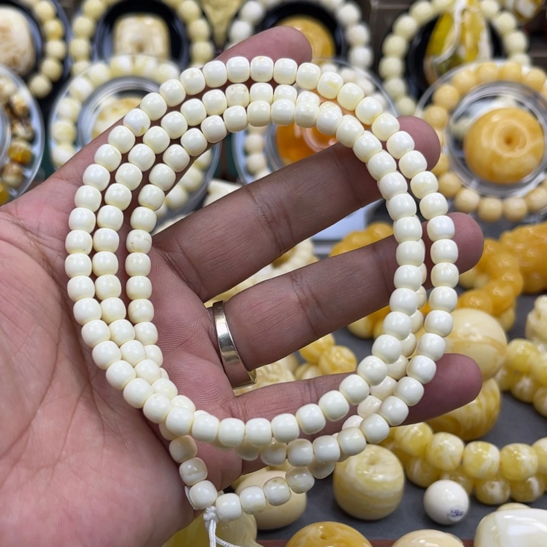 琥珀未镶嵌手串同料瓷白纯色108珠6mm