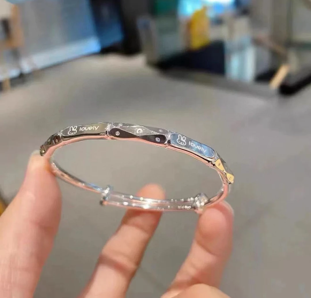 足银手镯 足银999纯银竹节love小兔子素圈款手镯百搭时尚可调节