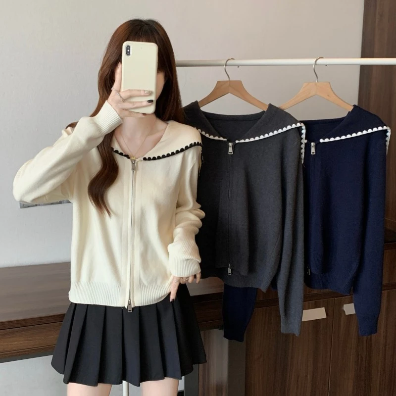 大码胖秋季新款海军领双拉链正肩上衣开衫针织衫毛衣时尚显瘦