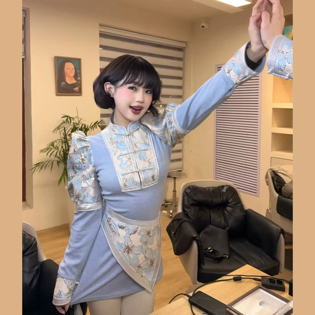【大树蒙古袍】DS147雾蓝鎏金民族风轻奢辣妹裙