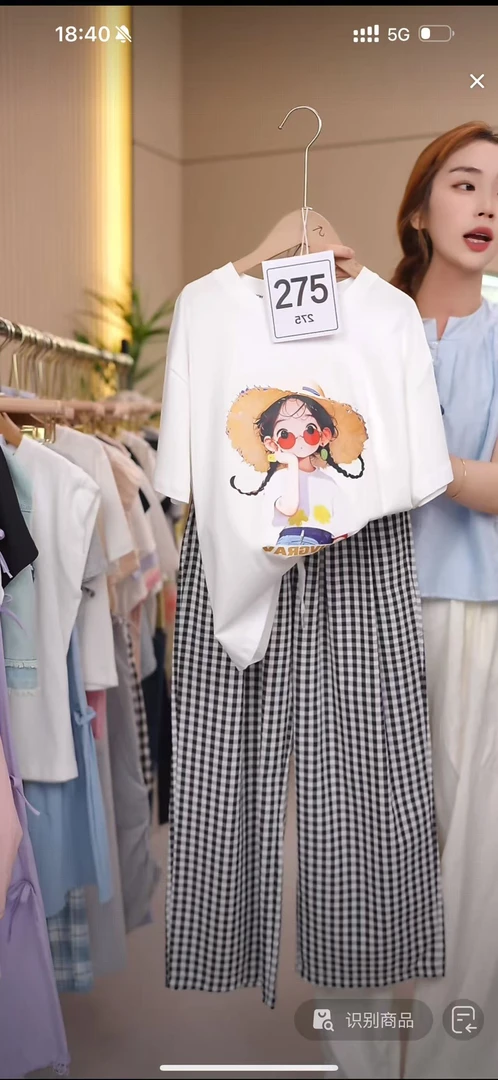 夏季女童洋气女孩草帽格子裤套装