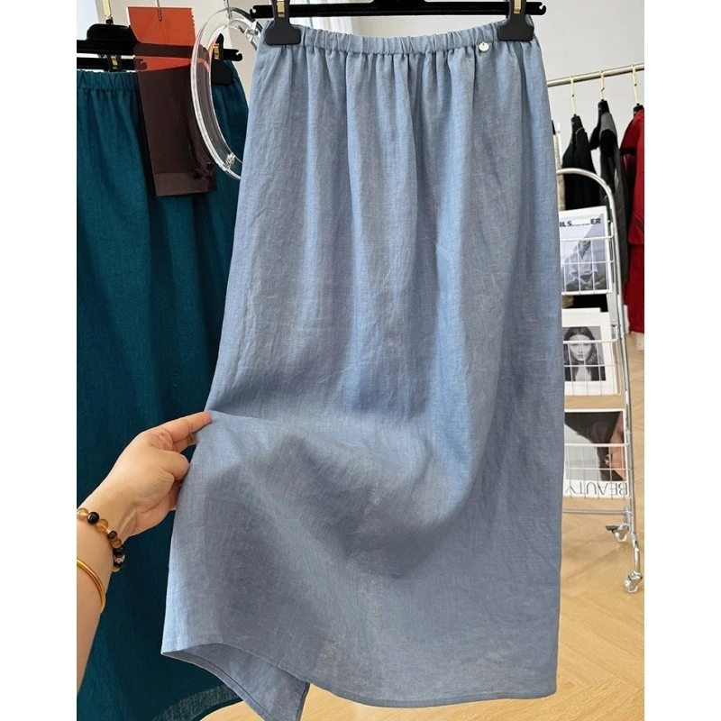 6978亚麻松紧腰半身裙女夏季薄款中长款过膝开叉包臀裙显瘦裙子