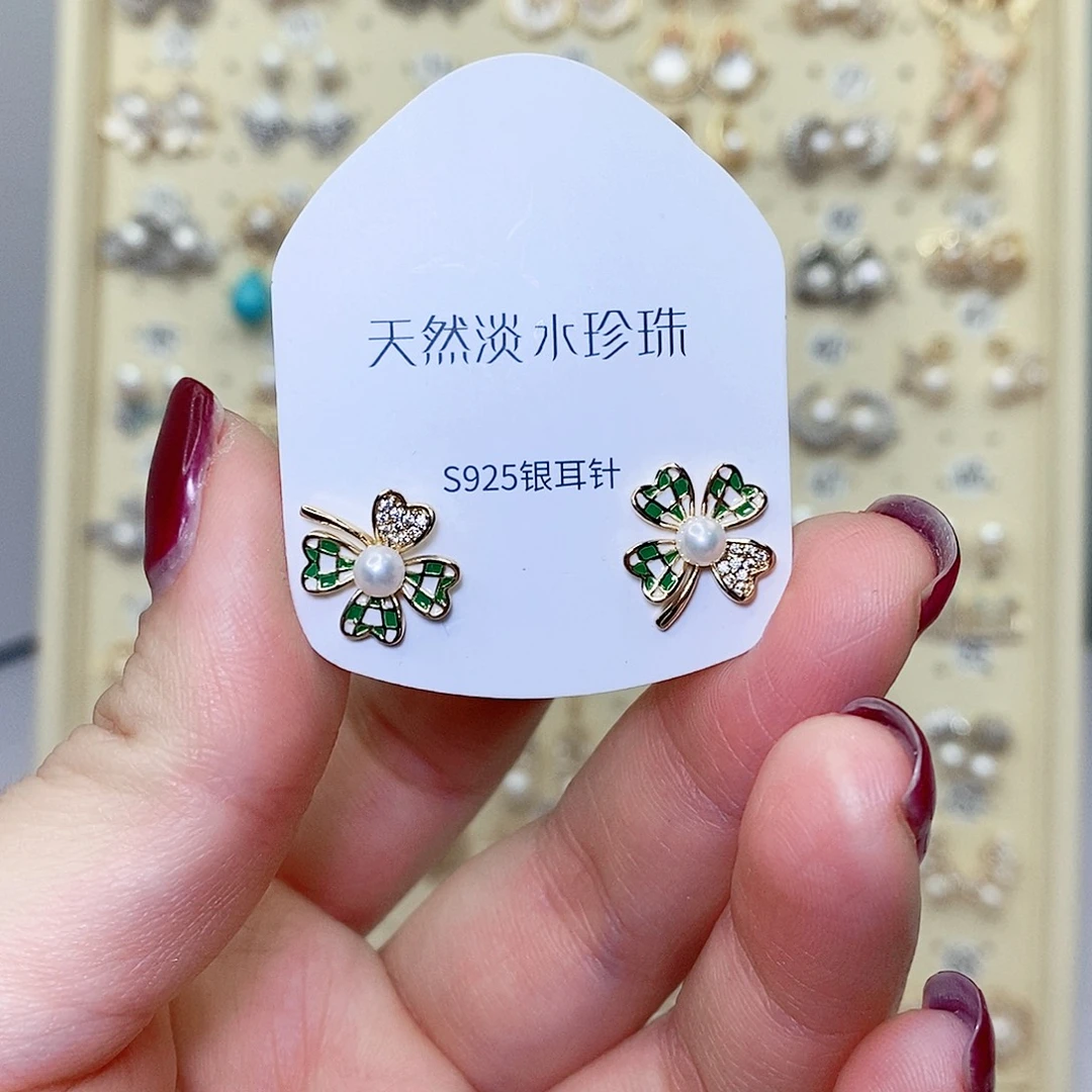 耳饰银S925镶嵌淡水珍珠