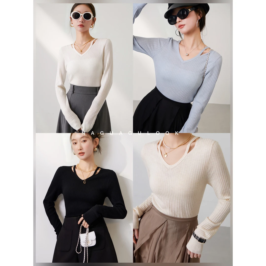 现货返场【尤金妮】羊毛进口stoll机织纹理V领气质针织衫Z2123