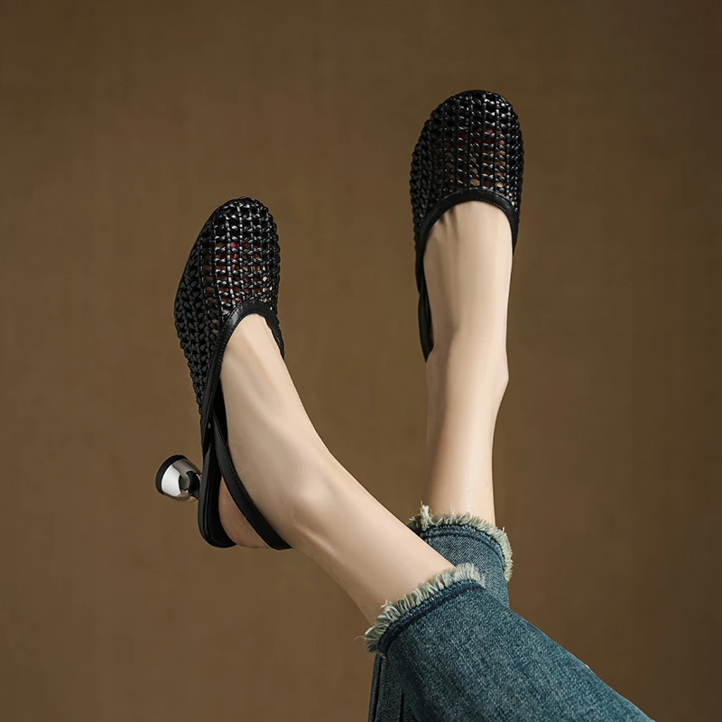6cm~法式镂空包头凉鞋女舒适百搭洞洞鞋夏季新款高跟鞋后空单鞋女