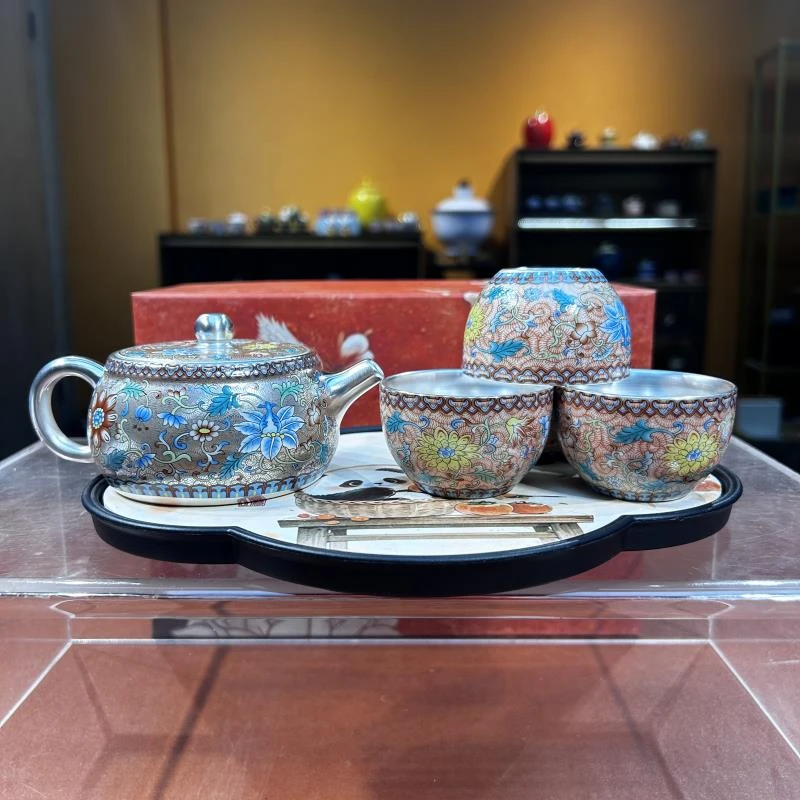 瓷韵优品 青花釉里红缠枝莲银壶+四杯+礼盒+茶盘-2581