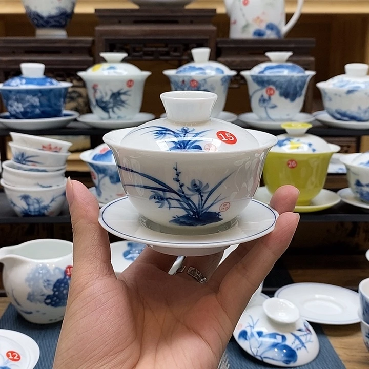 手绘兰花120盖碗釉下彩高温瓷微瑕福利款