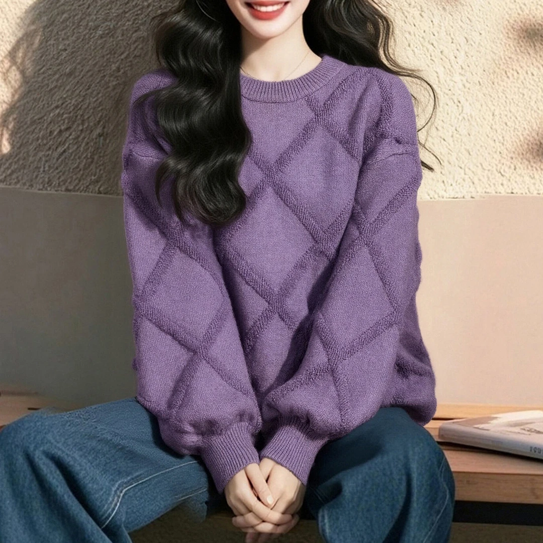 【经典毛衣】菱格轻职风常规针织女装毛衣冬季女圆领