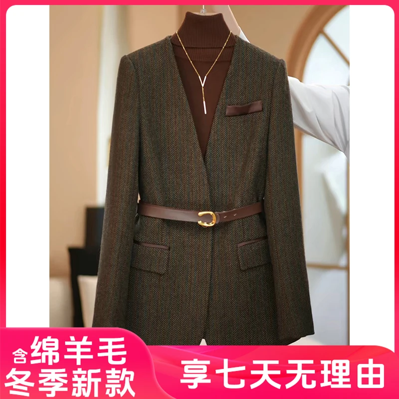 【星晨定制女装】2024秋冬咖绿色新款高级简约设计师系列西装外套