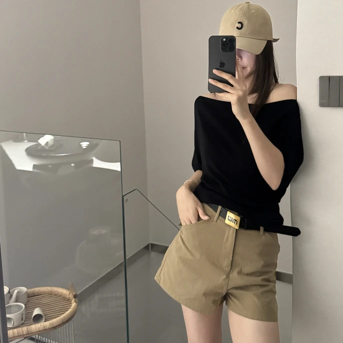 螺纹宽松型T恤设计感极简风短袖黑色常规款显瘦