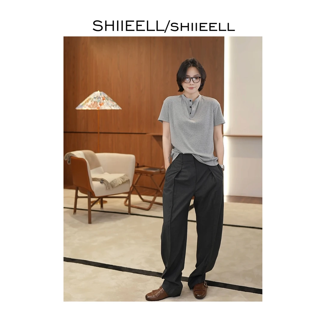 SHIIEELL出行舒适显瘦潮流美式复古棉感亨利领短袖T恤女Z2644