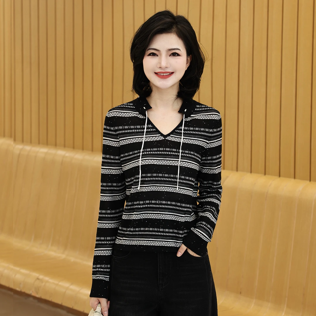 枫竺阿楠anan翻v领抽绳鱼鳞纹珠片条纹针织衫女秋季休闲套头上衣