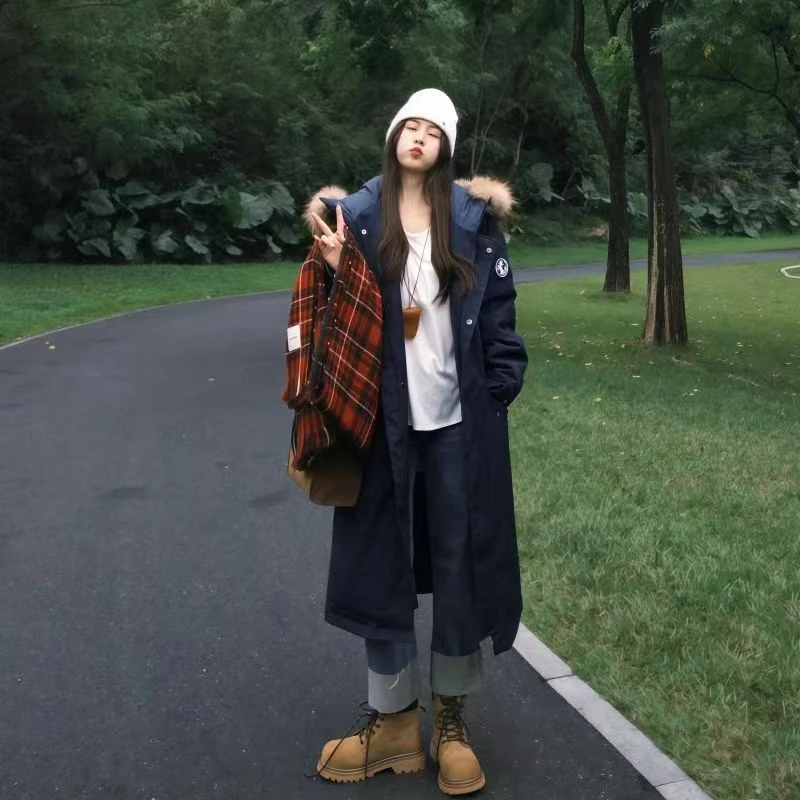 学院风藏蓝色长款棉衣女冬大毛领工装过膝外套小个子新款