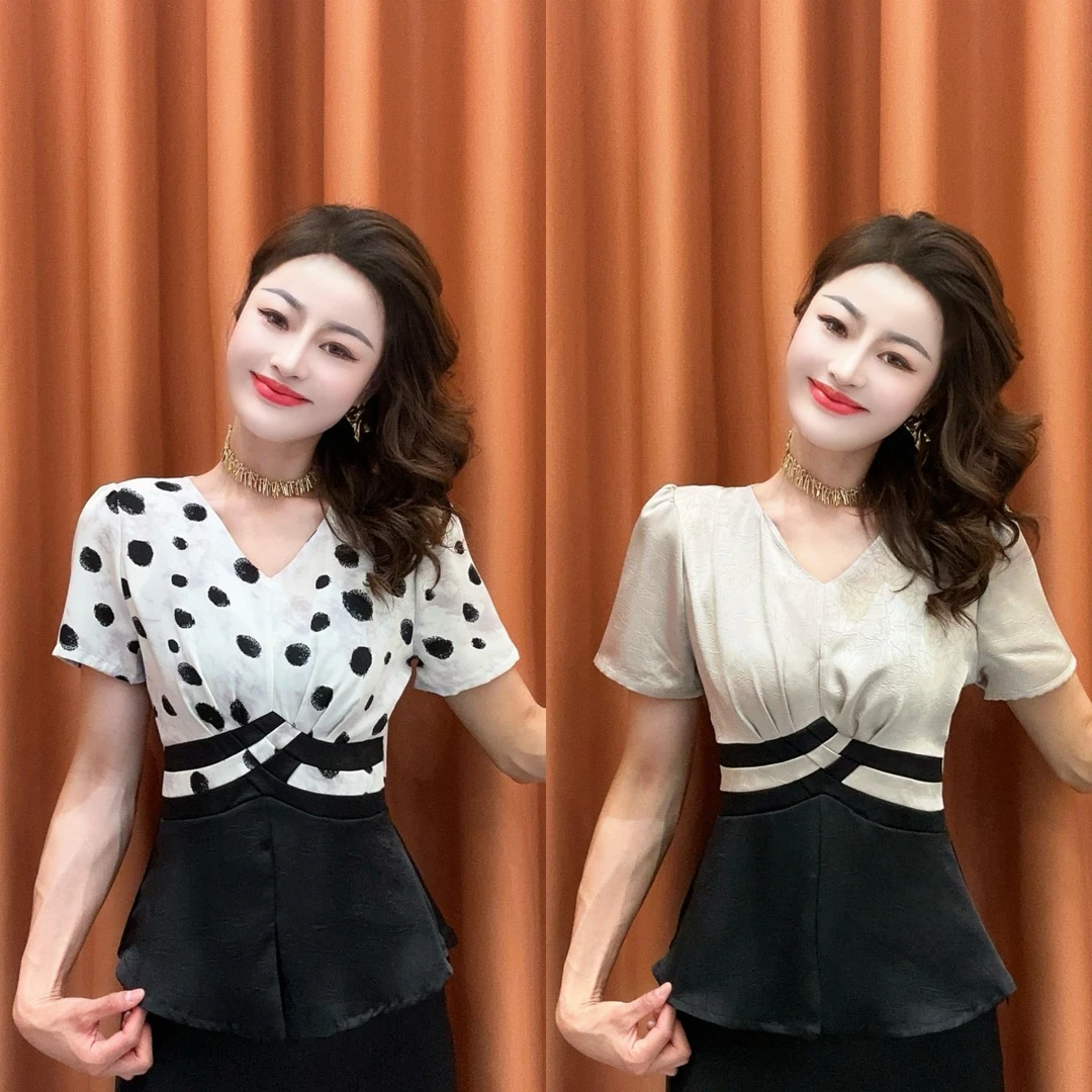 【夜幕巴黎】2025夏季新款法式纹理撞色短袖T恤时尚收腰显瘦开叉