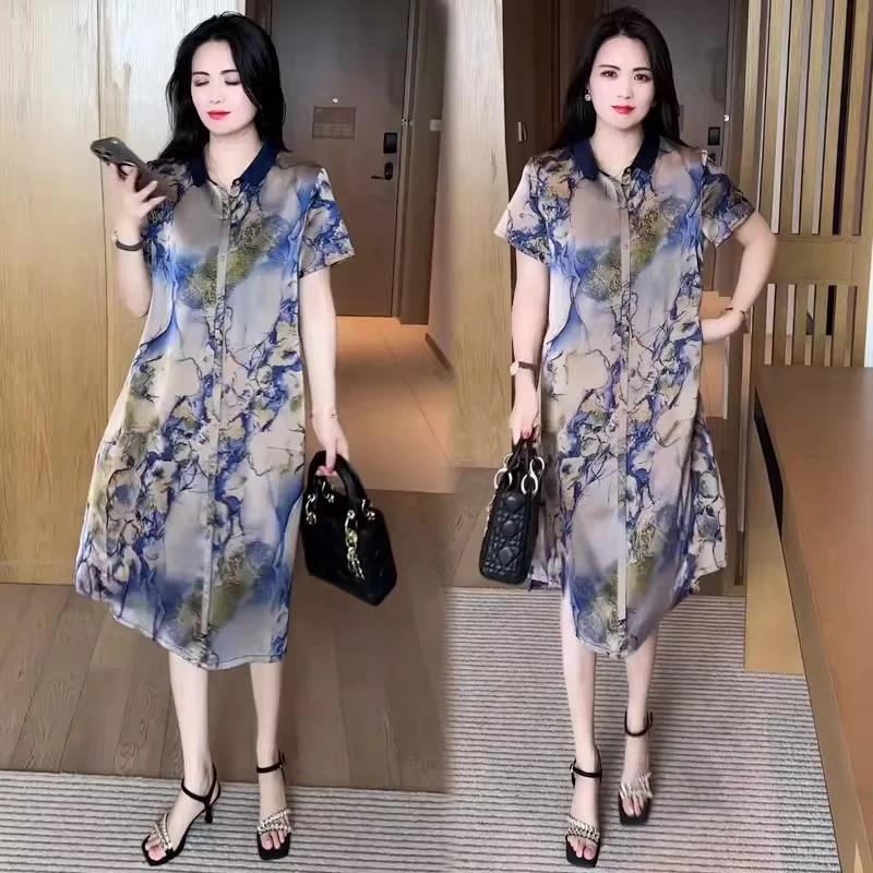 夏季新款洋气大码裙子女中长款宽松显瘦气质印花短袖衬衫连衣裙潮