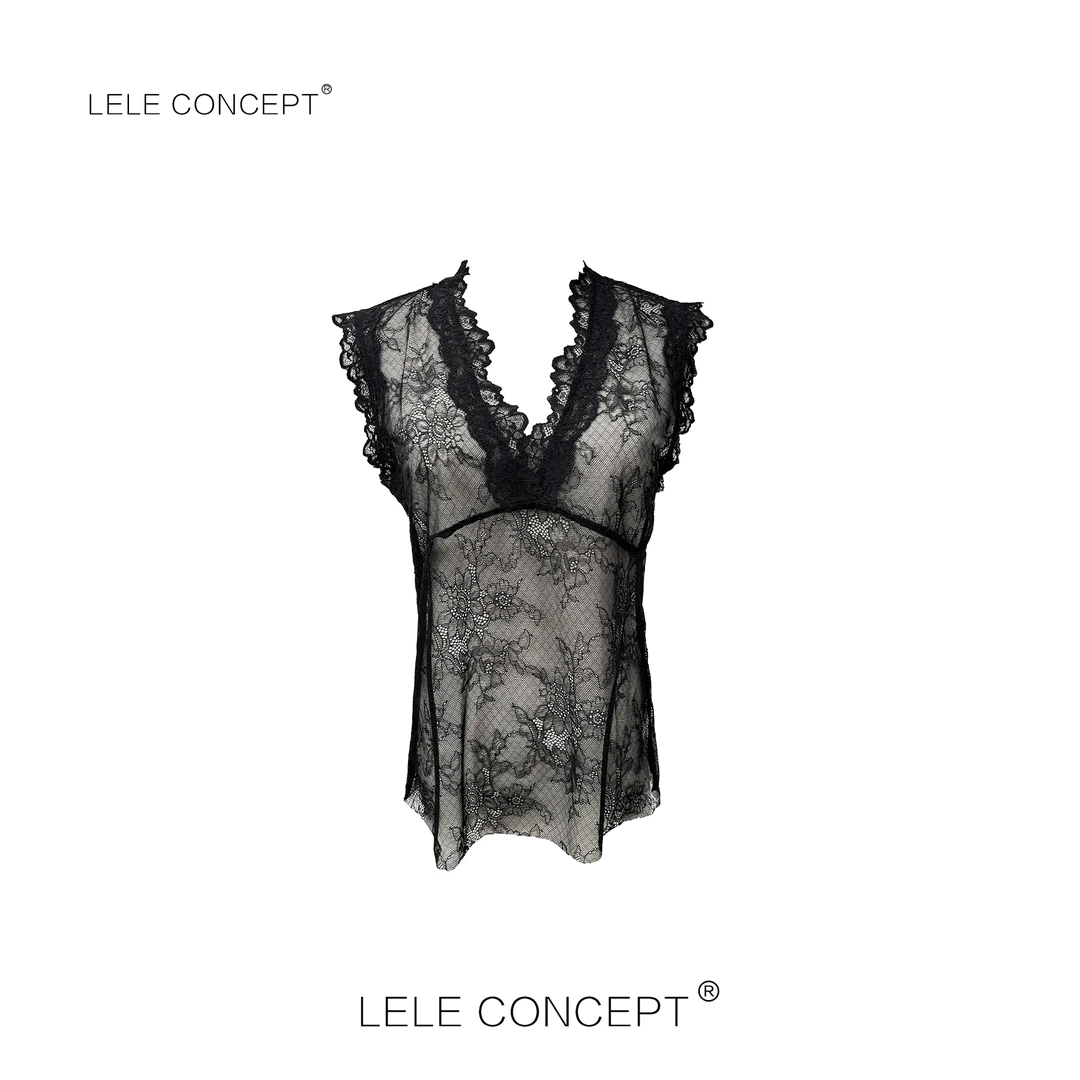 LELE CONCEPT丨【如一】都市轻奢设计款V领半透蕾丝无袖上衣S0902