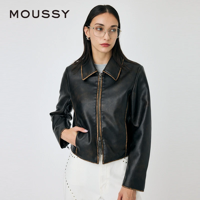 moussy 秋季新品美式做旧机车皮夹克设计感外套010HAH30-4231