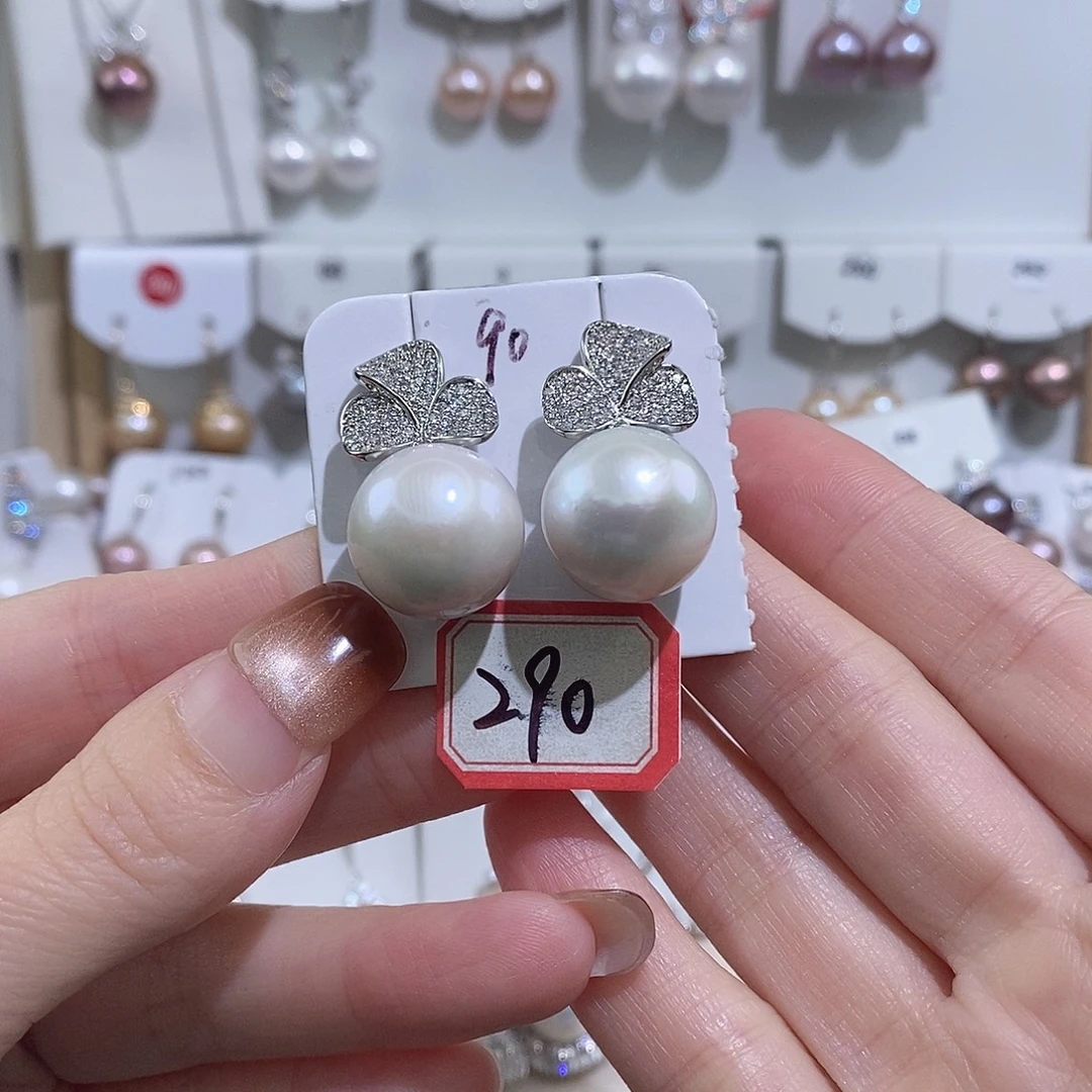 耳饰银S925镶嵌淡水珍珠w15.6银针