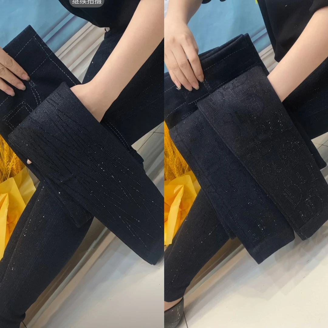 四季打底裤新款仿牛仔弹力棉烫钻加肥加大高腰修身显瘦打底裤