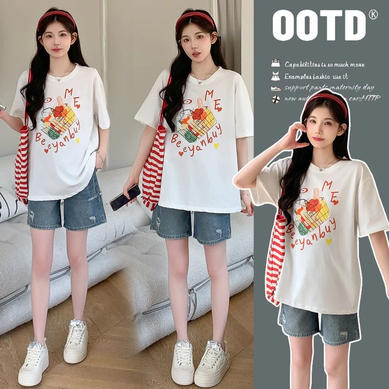 新款孕妇装夏装T恤时尚简约大方宽松上衣+托腹牛仔短裤休闲套装