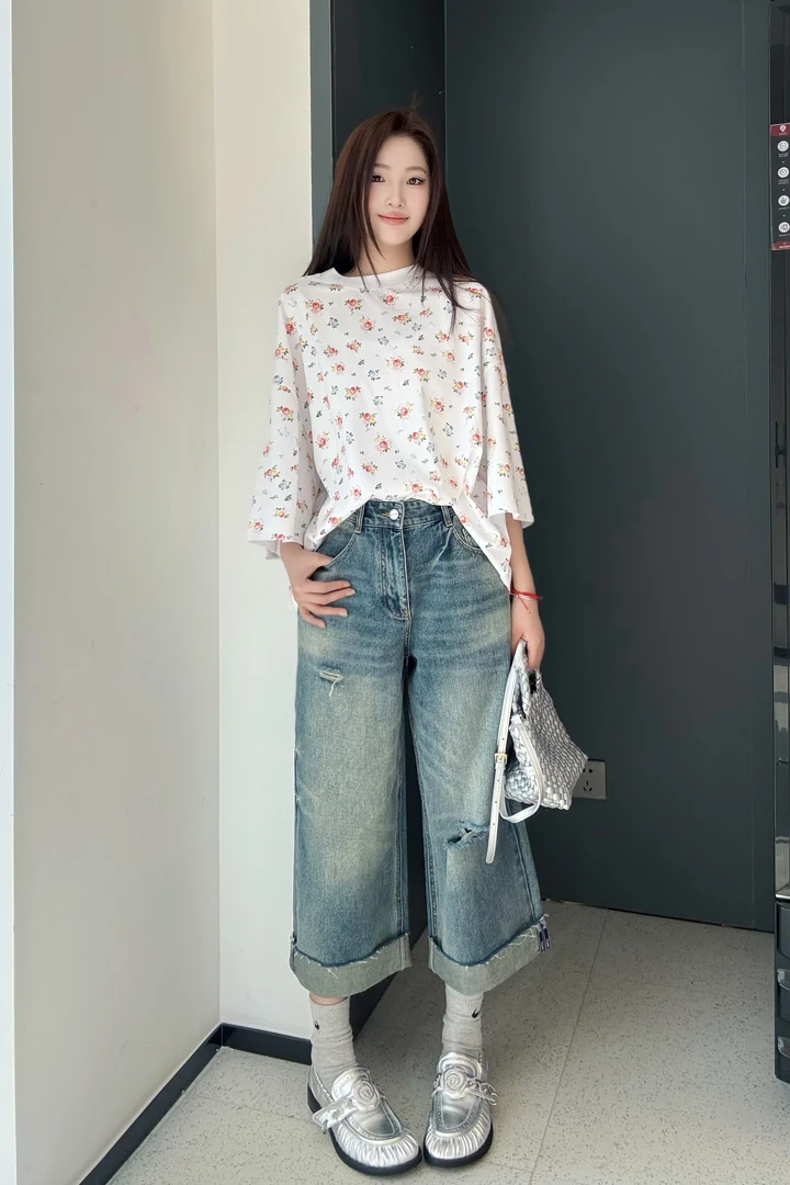 DEGAIA中裤 ｜高腰显瘦复古破洞全棉七分裤160976