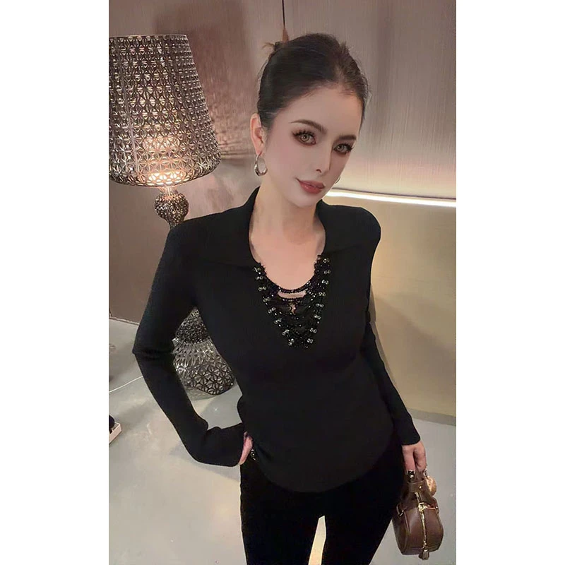 翻领拼接串珠针织上衣CS31345