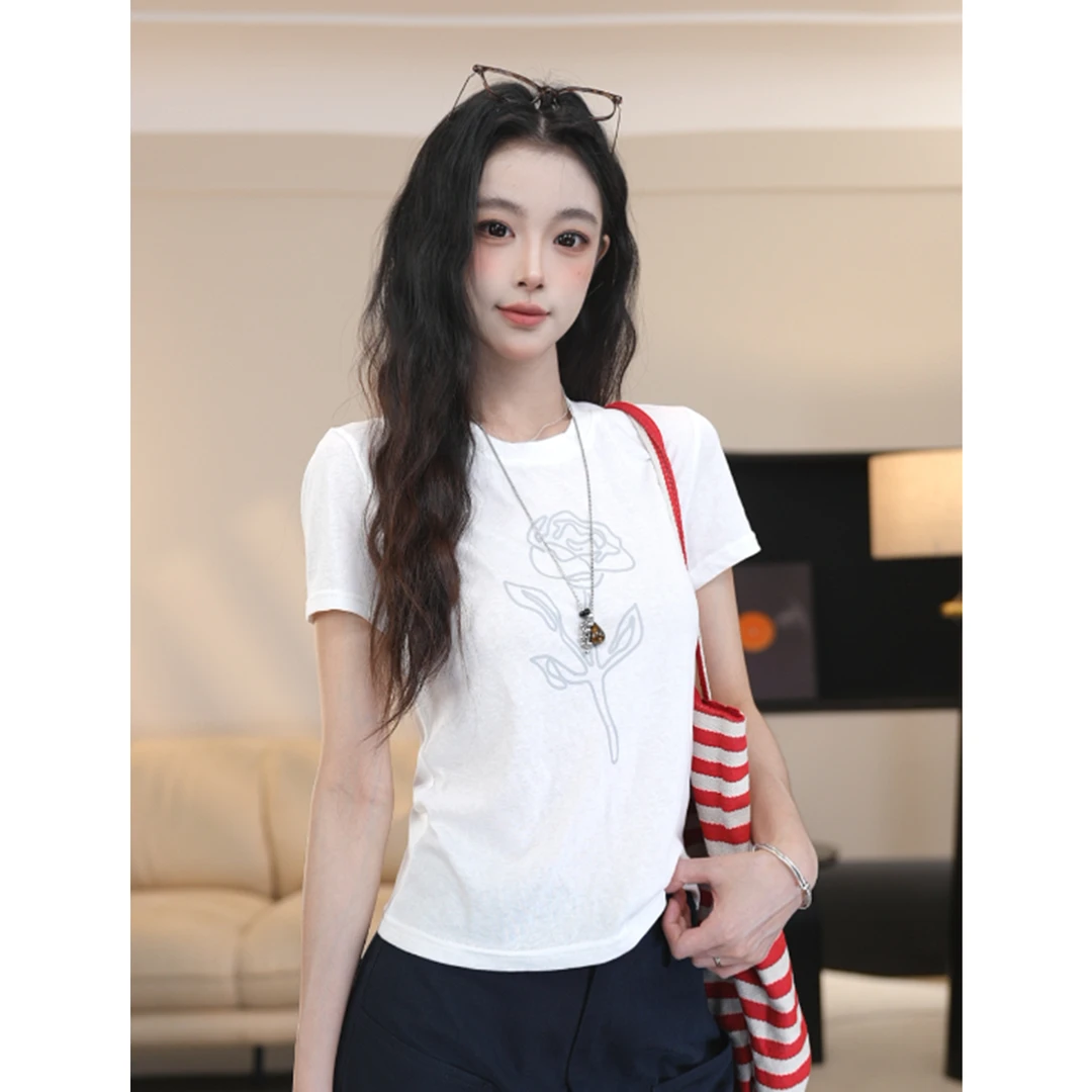 夏季薄款印花设计感T恤女纯欲水溶蕾丝拼接正肩修身显瘦上衣