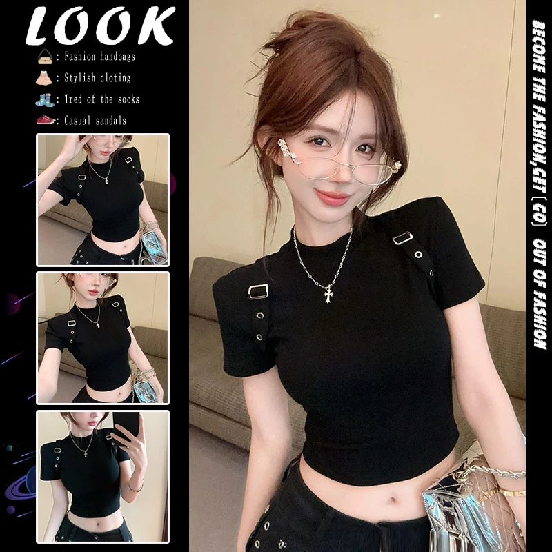 夏季纯欲辣妹黑色短袖t恤女短款露脐修身显瘦性感流行短款上衣