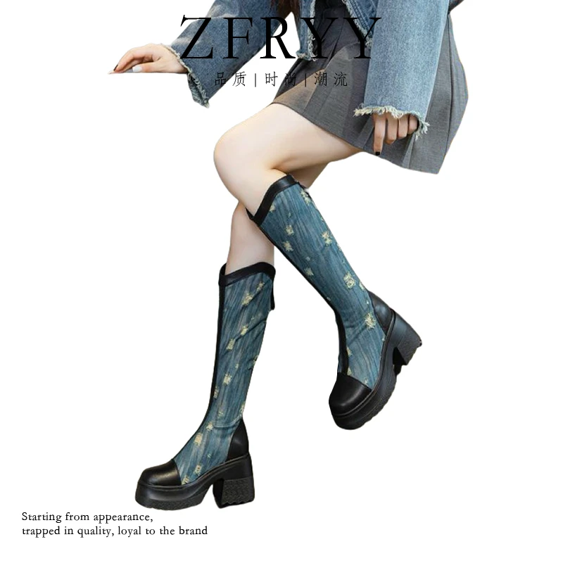 小个子10公分粗跟厚底牛仔镂空透气长靴/春夏新款时尚凉靴1065-1