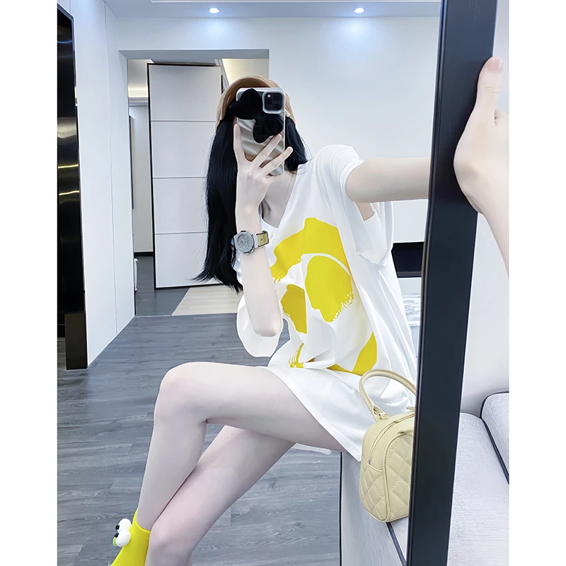长款短袖女t恤夏季2025新款搞怪大印花中长款遮屁股白色半袖体恤