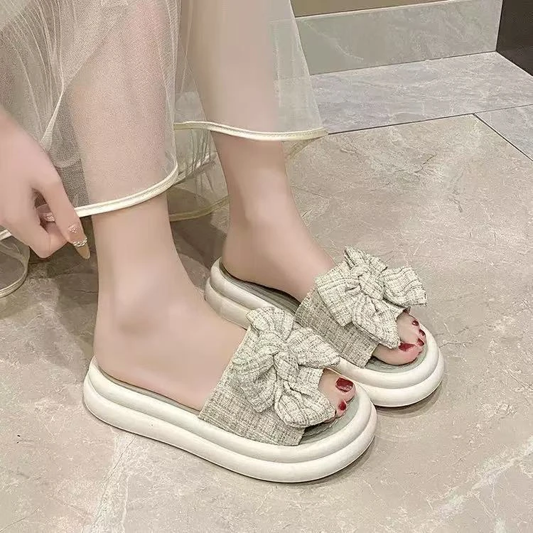 外穿配裙子蝴蝶结凉鞋女2025夏季圆头橡胶底拖鞋韩版一脚蹬沙滩鞋