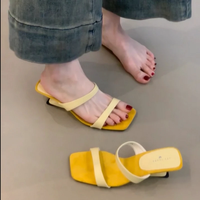 ALQR-89-123新款方头细带坡跟凉拖女2025夏外穿配裙子露趾一字拖