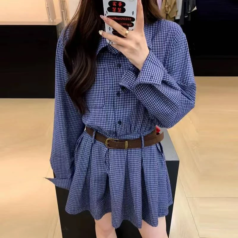 韩系复古格子衬衫连衣裙高级感短裙复古宽松收腰显瘦学院风