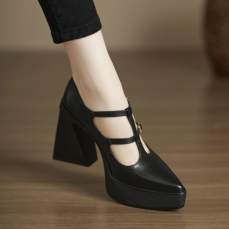 修悦10CM尖头欧美风方根高跟鞋法式复古厚底职业春季新款玛丽珍鞋