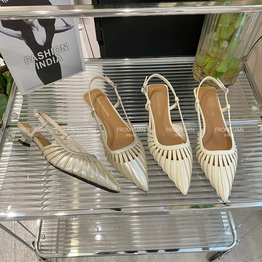 【2cm跟】H1855包头镂空编织女尖头高跟时装凉鞋仙女风半拖高跟鞋