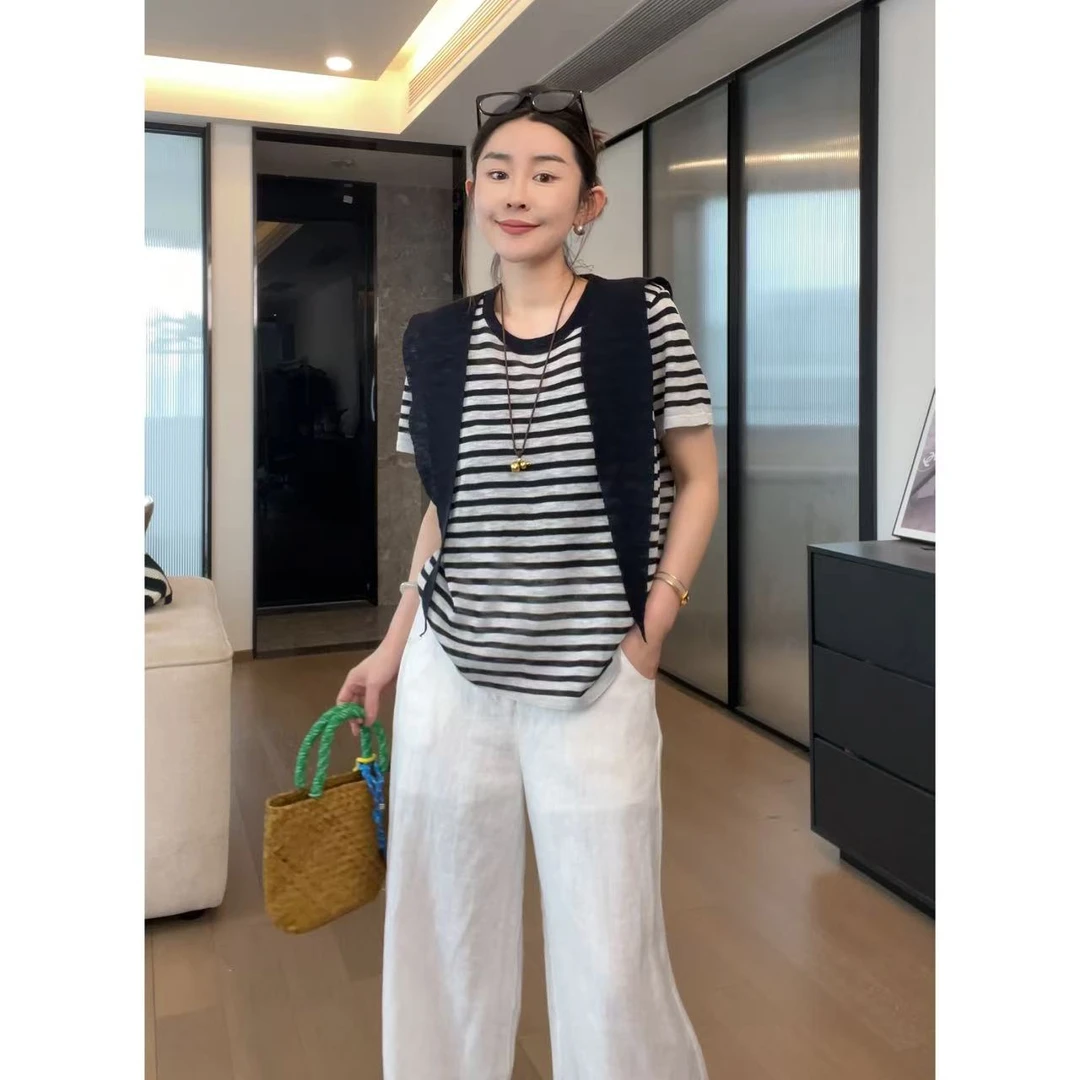 玖了个玖 2025夏款 极简百搭假两件披肩款条纹短袖T恤 2504C2276