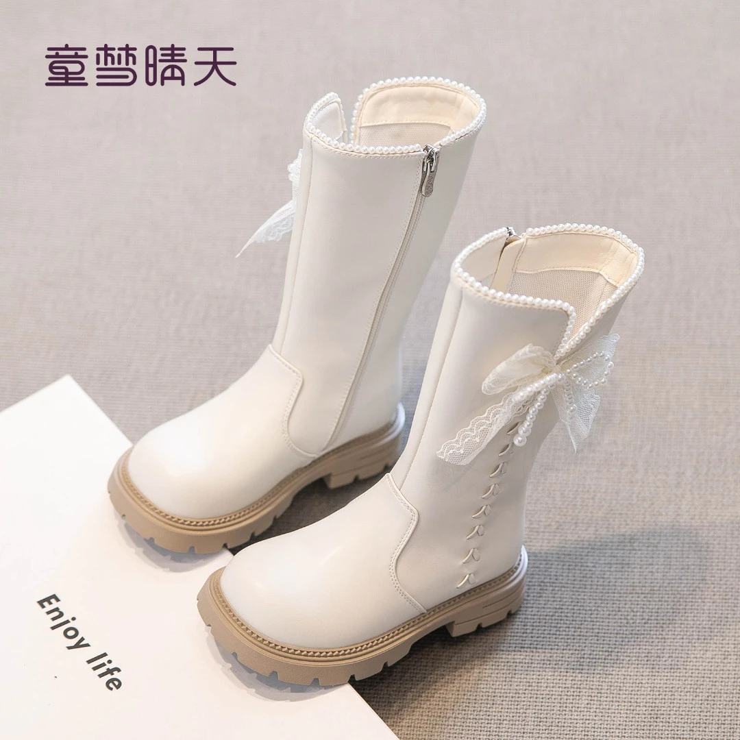童梦晴天女童长靴儿童高筒靴2025皮靴宝宝秋冬季简约洋气马丁靴