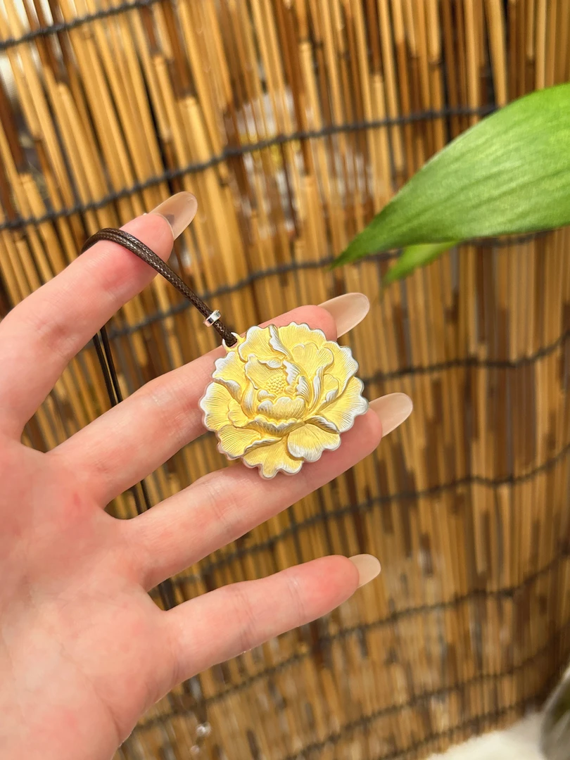 银吊坠 【牡丹花】手工描金新中式国风吊坠