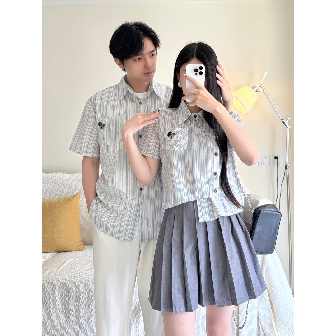 情侣装不规则条纹设计感小众短款衬衫女夏季宽松显瘦上衣男衣女裙
